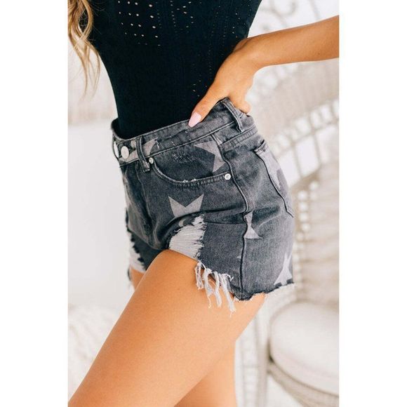 SALE! Blue Buttercup Star Print Black Demin Distressed Short 100% Cotton KP80880 - Picture 9 of 9